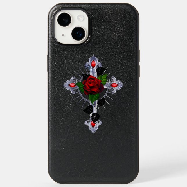 Silver Cross with a Red Rose Otterbox iPhone Case (Back)