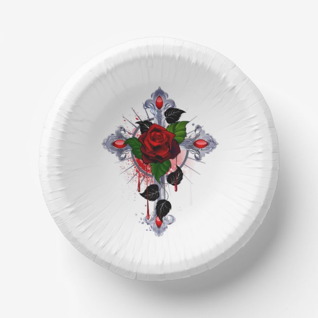 Silver Cross with a Red Rose Paper Bowls (Front)
