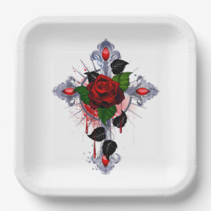 Silver Cross with a Red Rose Paper Plates
