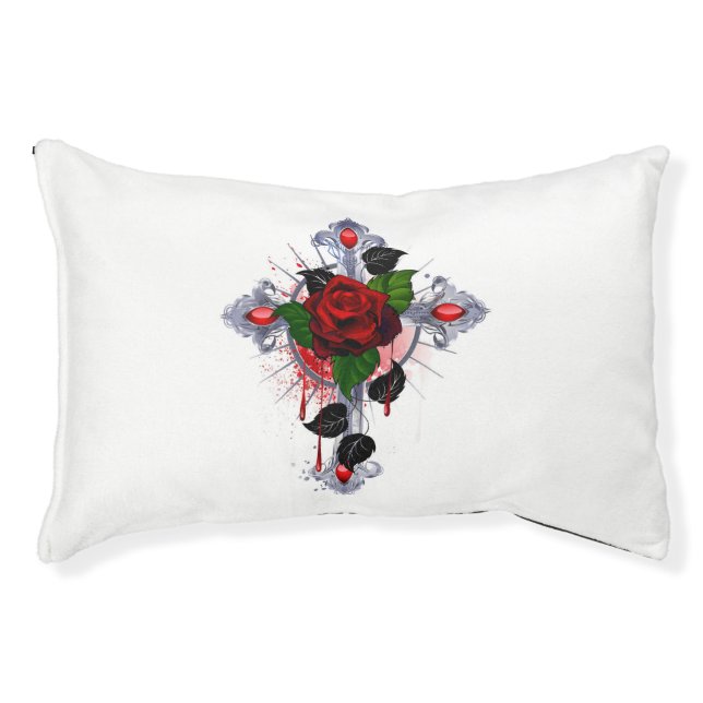Silver Cross with a Red Rose Pet Bed (Front)