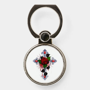 Silver Cross with a Red Rose Phone Ring Stand