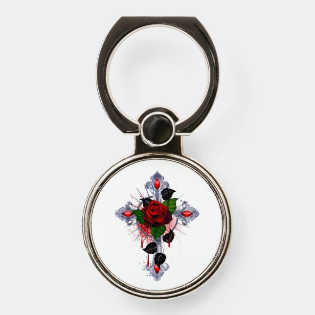 Silver Cross with a Red Rose Phone Ring Stand (Front)