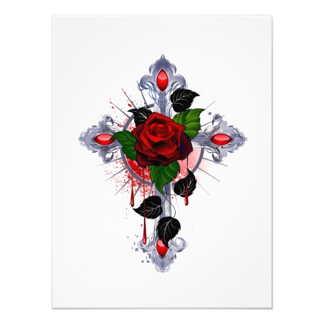Silver Cross with a Red Rose Photo Print (Front)