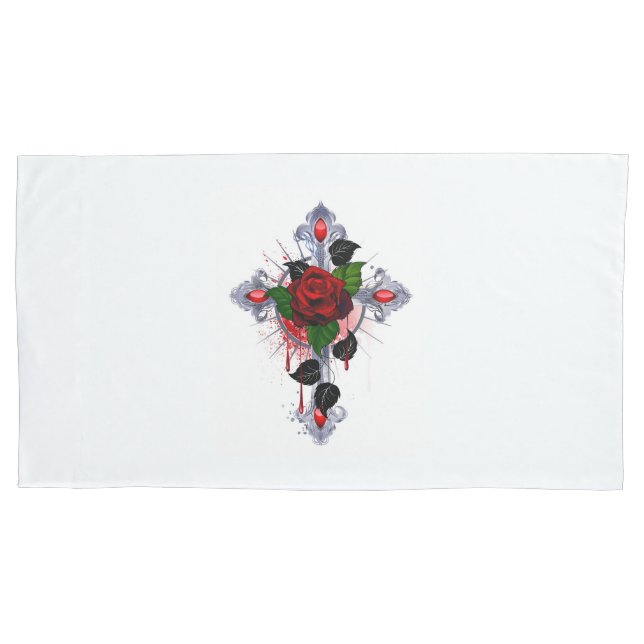 Silver Cross with a Red Rose Pillow Case (Front-Left)
