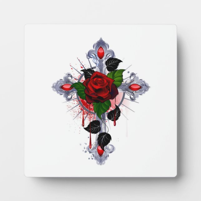 Silver Cross with a Red Rose Plaque (Front)