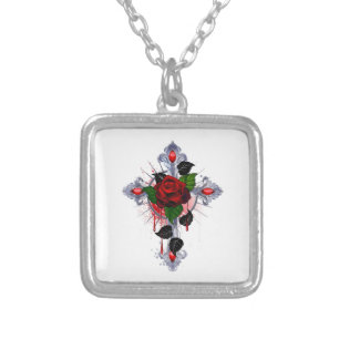 Silver Cross with a Red Rose Plated Necklace