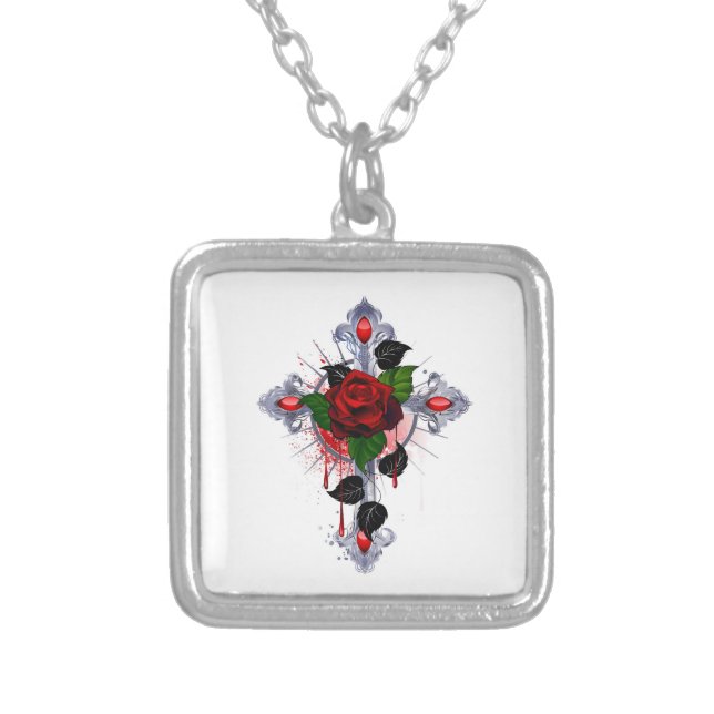 Silver Cross with a Red Rose Plated Necklace (Front)