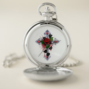 Silver Cross with a Red Rose Pocket Watch
