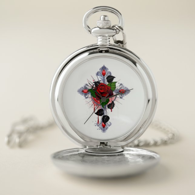 Silver Cross with a Red Rose Pocket Watch (Inside)