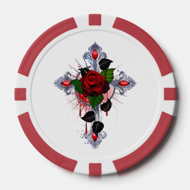 Silver Cross with a Red Rose Poker Chips (Front)