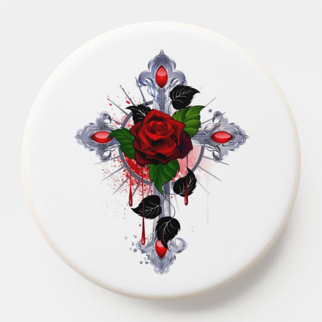 Silver Cross with a Red Rose PopSocket (Popsocket)