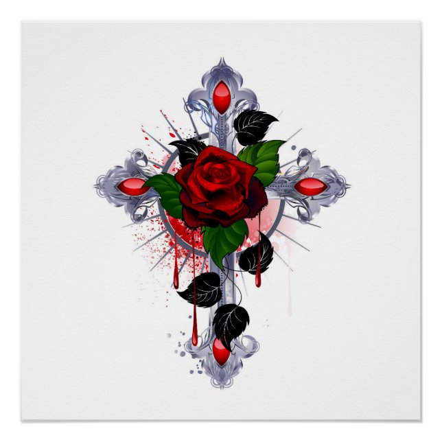 Silver Cross with a Red Rose Poster (Front)