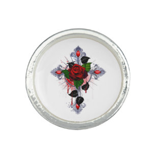 Silver Cross with a Red Rose Ring