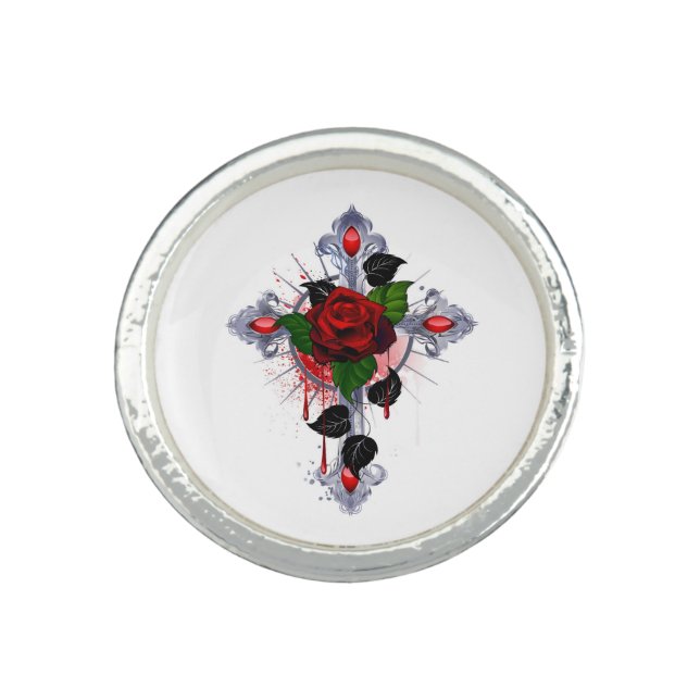 Silver Cross with a Red Rose Ring (Front)
