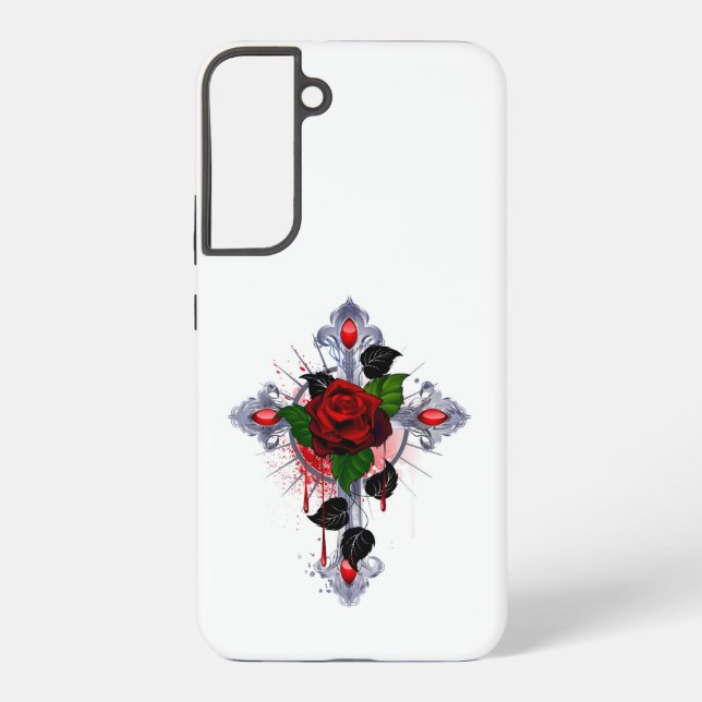Silver Cross with a Red Rose Samsung Galaxy Case (Back)