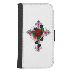 Silver Cross with a Red Rose Galaxy S4 Wallet Case
