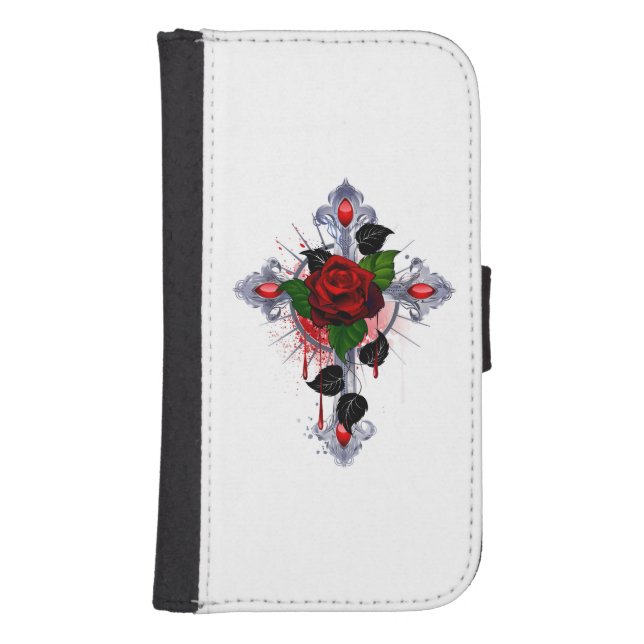 Silver Cross with a Red Rose Samsung Galaxy Wallet Case (Front)