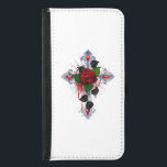 Silver Cross with a Red Rose Samsung Galaxy S5 Wallet Case<br><div class="desc">Silver cross with a red rose and black leaves on a white background.</div>