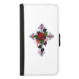 Silver Cross with a Red Rose Samsung Galaxy S5 Wallet Case