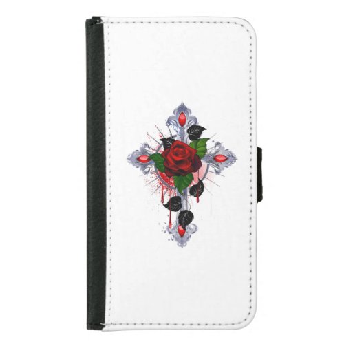 Silver Cross with a Red Rose Samsung Galaxy S5 Wallet Case