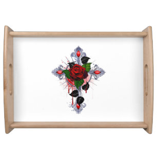 Silver Cross with a Red Rose Serving Tray