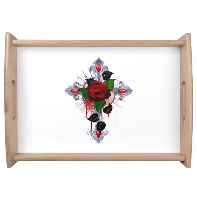 Silver Cross with a Red Rose Serving Tray (Front)