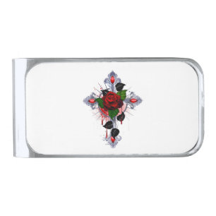 Silver Cross with a Red Rose Silver Finish Money Clip