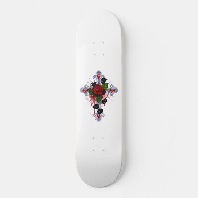 Silver Cross with a Red Rose Skateboard (Front)