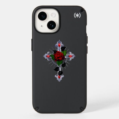 Silver Cross with a Red Rose Speck iPhone 14 Case