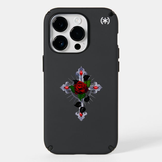 Silver Cross with a Red Rose Speck iPhone Case (Front)