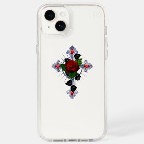 Silver Cross with a Red Rose Speck iPhone 14 Plus Case