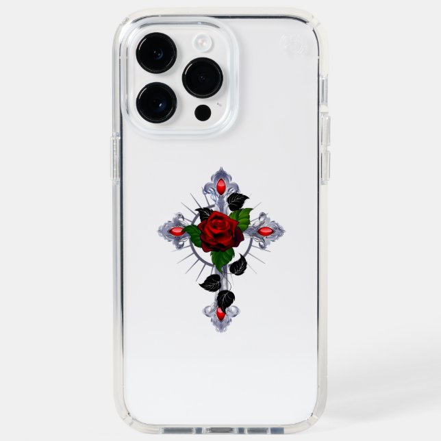 Silver Cross with a Red Rose Speck iPhone Case (Front)
