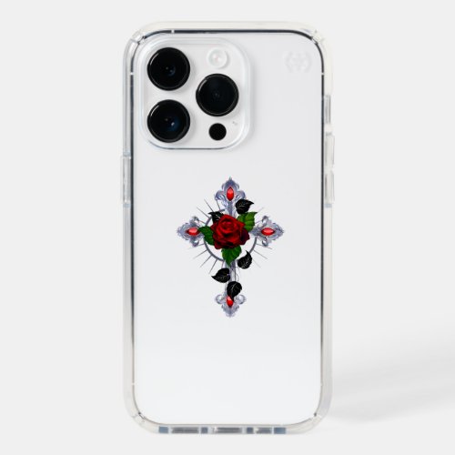 Silver Cross with a Red Rose Speck iPhone 14 Pro Case