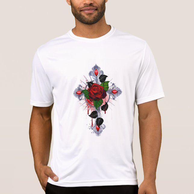 Silver Cross with a Red Rose T-Shirt (Front)