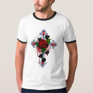 Silver Cross with a Red Rose T-Shirt