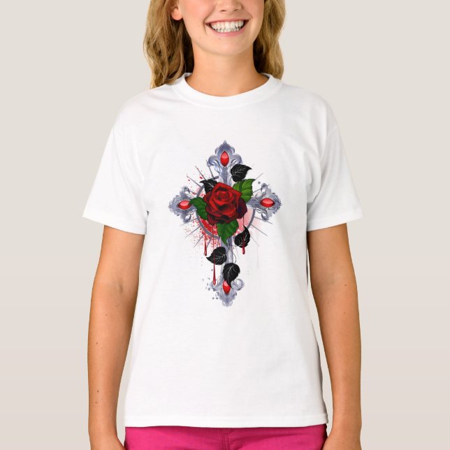 Silver Cross with a Red Rose T-Shirt (Front)
