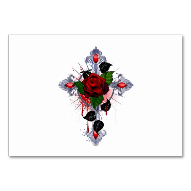 Silver Cross with a Red Rose Table Number (Front)