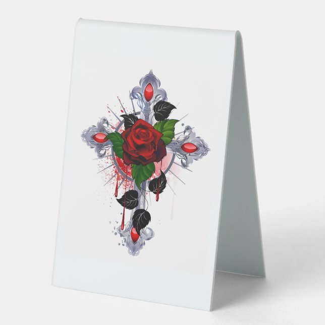 Silver Cross with a Red Rose Table Tent (Front)