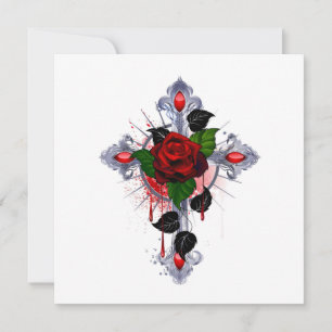 Silver Cross with a Red Rose Thank You Card