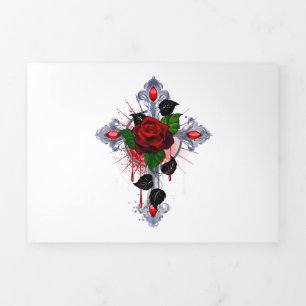 Silver Cross with a Red Rose Tri-Fold Program