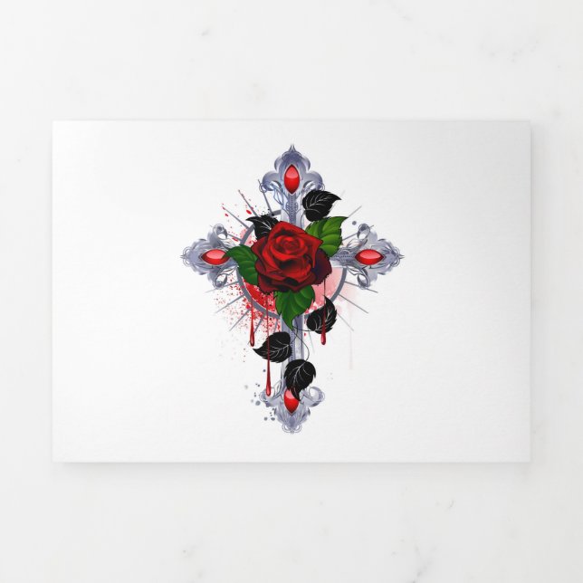 Silver Cross with a Red Rose Tri-Fold Program (Cover)