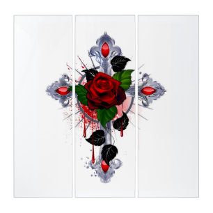 Silver Cross with a Red Rose Triptych