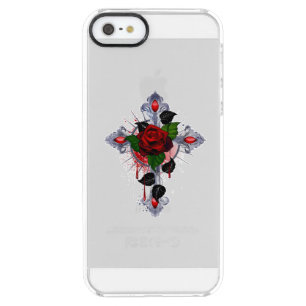 Silver Cross with a Red Rose Clear iPhone SE/5/5s Case