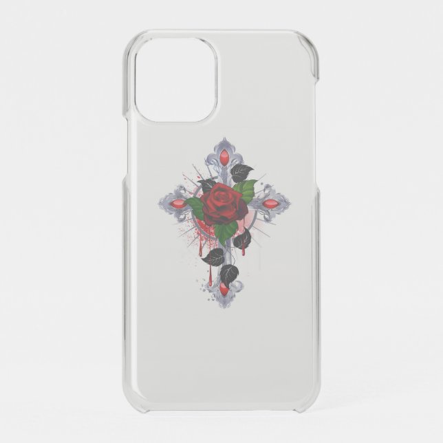 Silver Cross with a Red Rose Uncommon iPhone Case (Back)