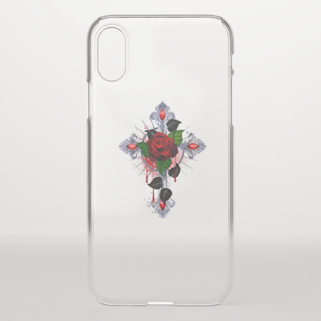 Silver Cross with a Red Rose Uncommon iPhone Case (Back)