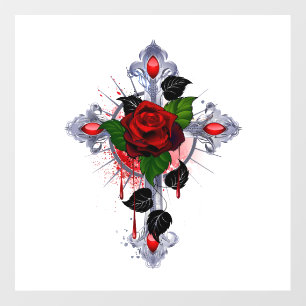 Silver Cross with a Red Rose Wall Decal