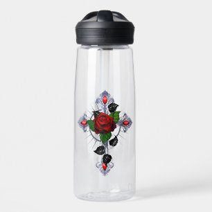 Silver Cross with a Red Rose Water Bottle