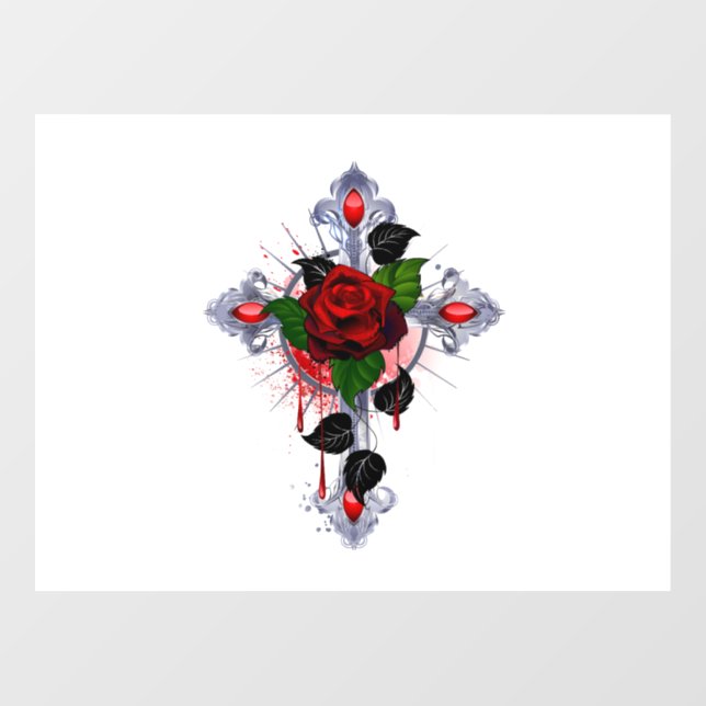 Silver Cross with a Red Rose Window Cling (Sheet)