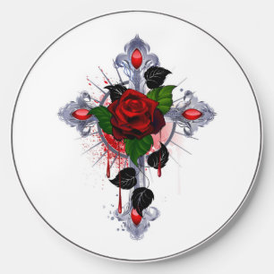 Silver Cross with a Red Rose Wireless Charger