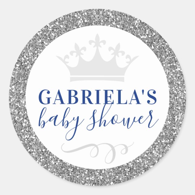Silver Crown Baby Shower Favor Sticker Label (Front)